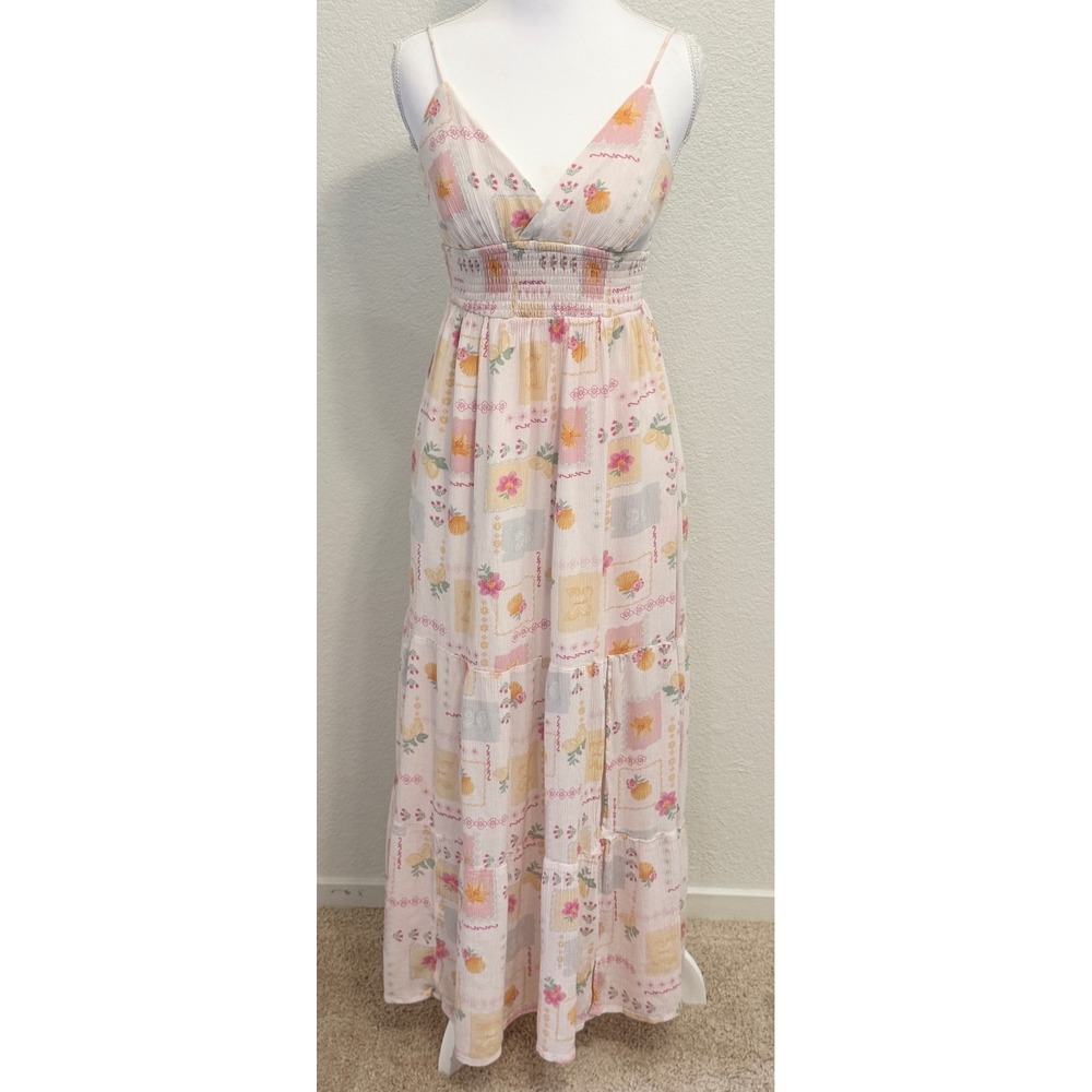 Hollister Floral Patchwork Maxi Dress Pink Yellow Smocked Tiered Boho Small